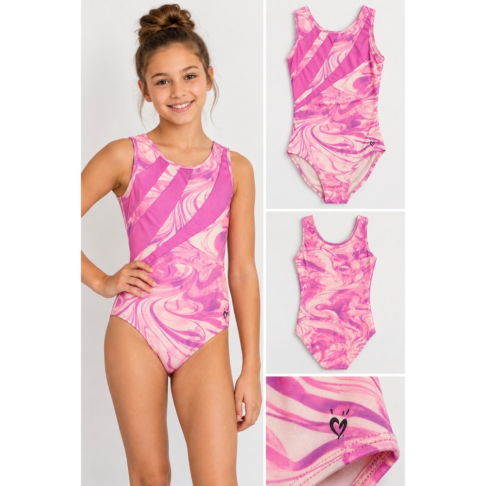 Justice Girls Gymnastics Leotard Marble Swirl Pink Purple Cutout Active Size 12